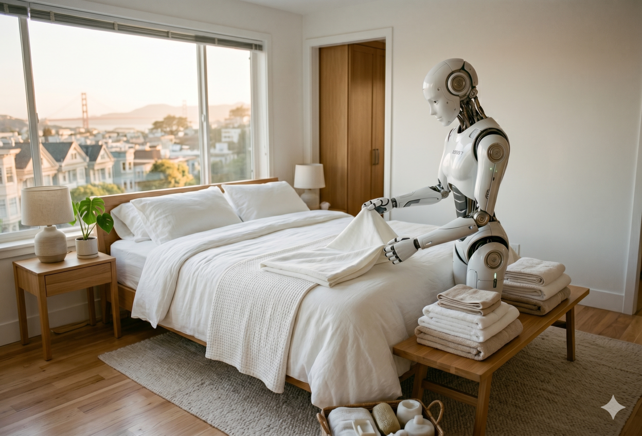 Robot folding laundry on a freshly-made bed