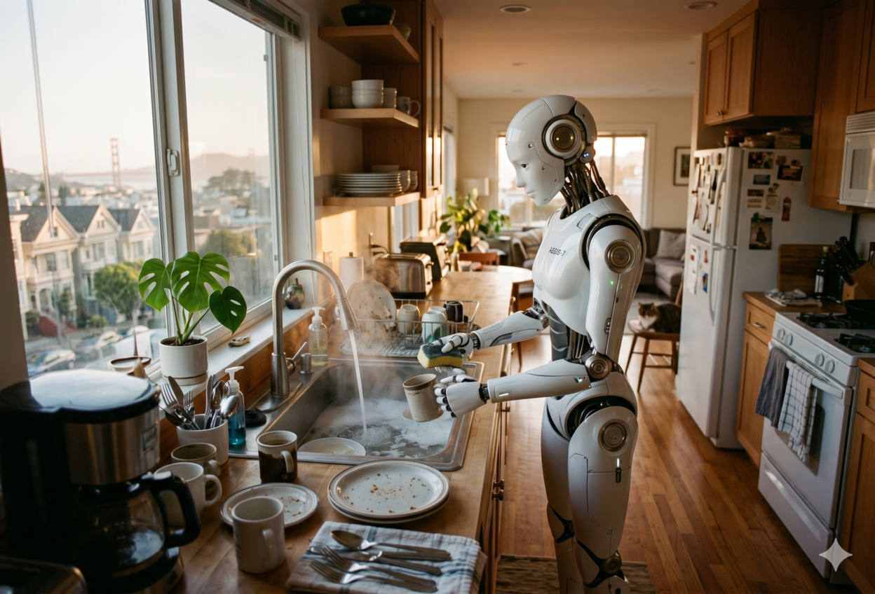 Wide: humanoid in a sunlit lived-in kitchen at start of shift