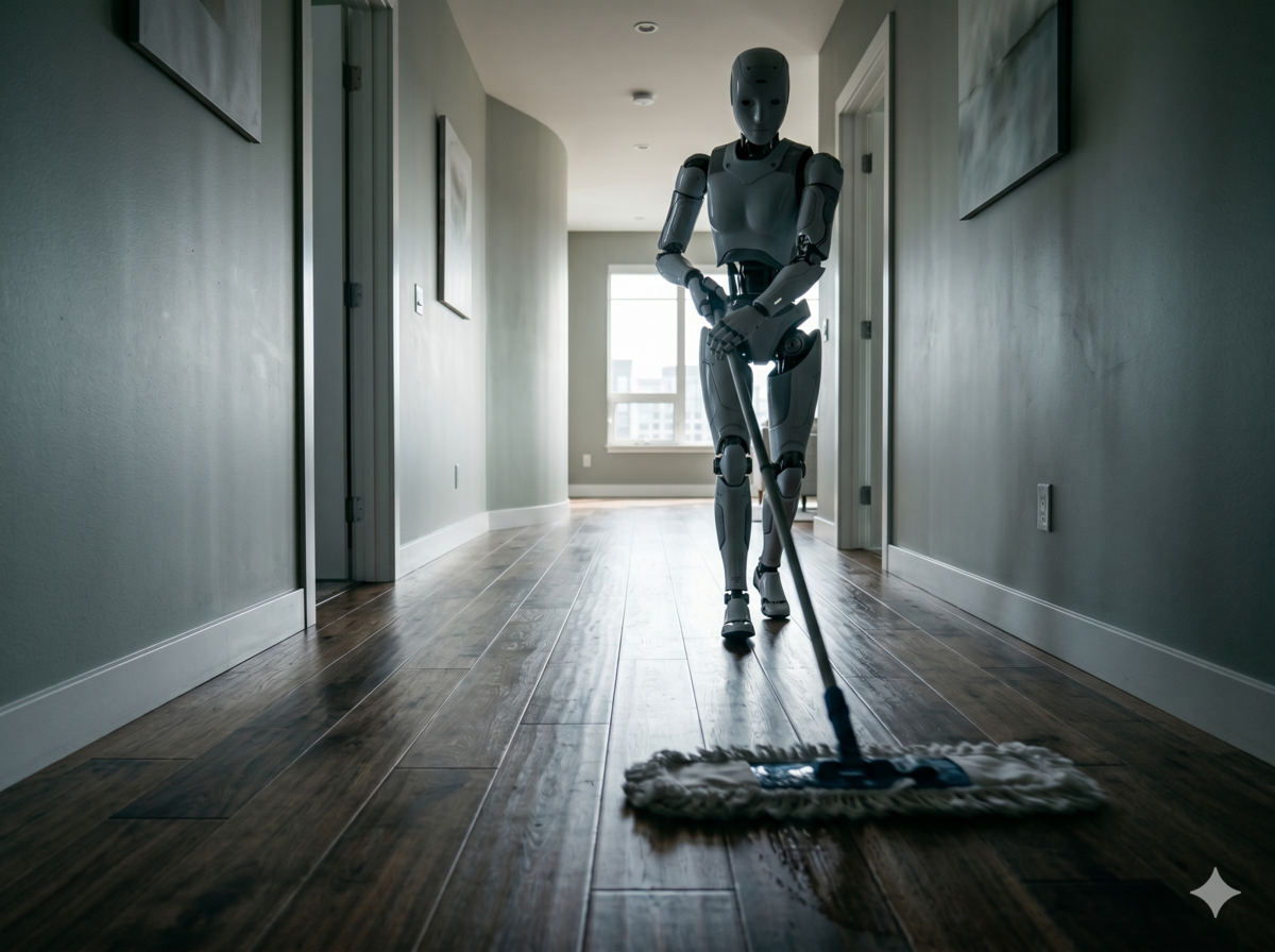 Humanoid mopping wood-floor hallway
