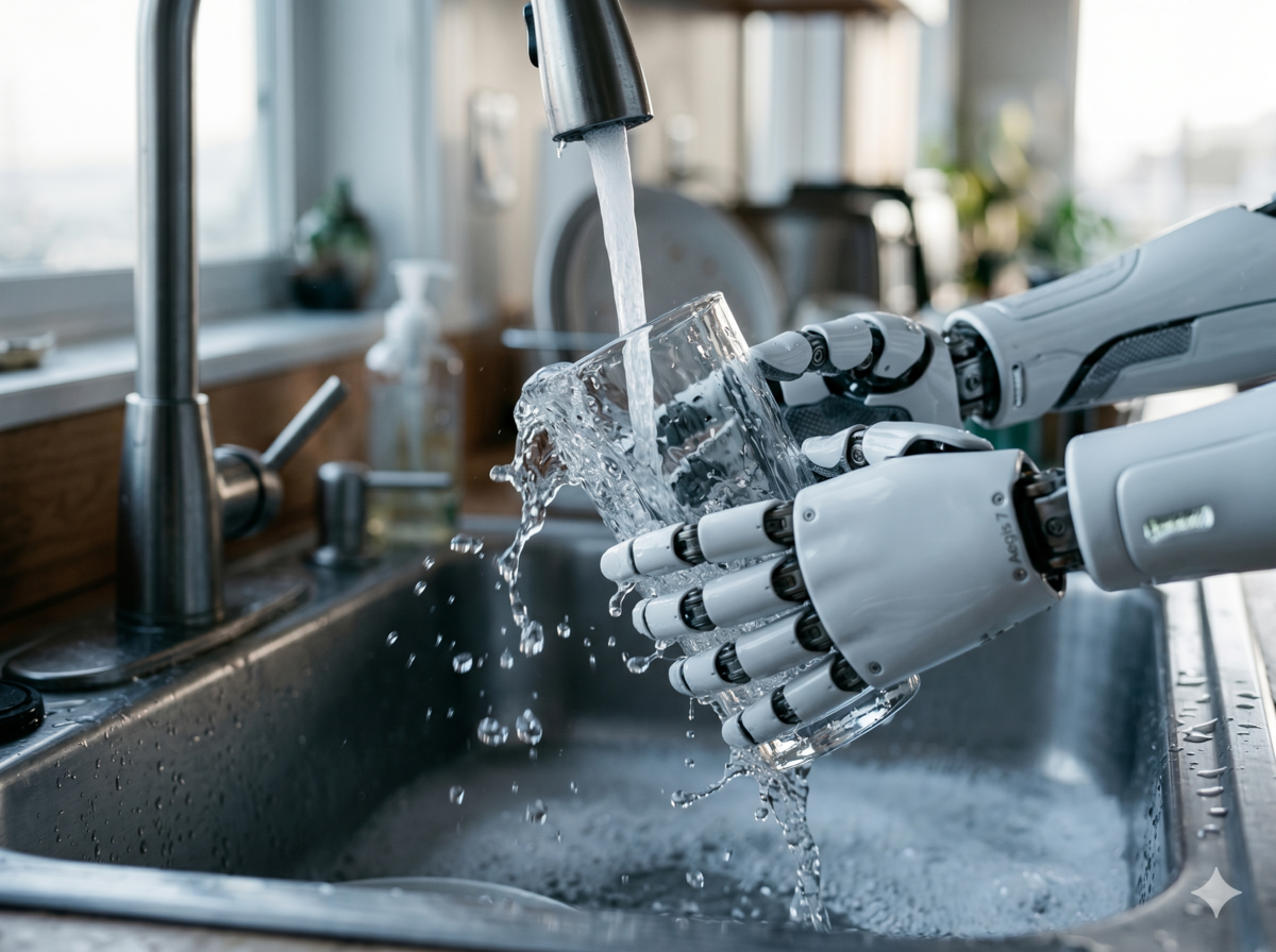 Close-up: robot hands rinsing a glass
